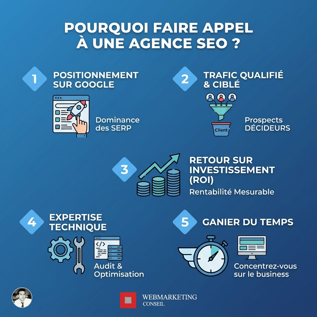 Infographie expliquant les bénéfices de collaborer avec une agence SEO : expertise pointue, gain de temps, résultats mesurables, prévention des pénalités, veille constante.
