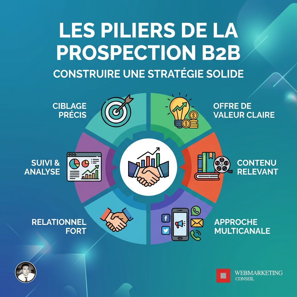 Infographie listant les piliers de la prospection B2B: Développement du portefeuille client, Génération de leads qualifiés, Augmentation du chiffre d'affaires, Compétitivité accrue.