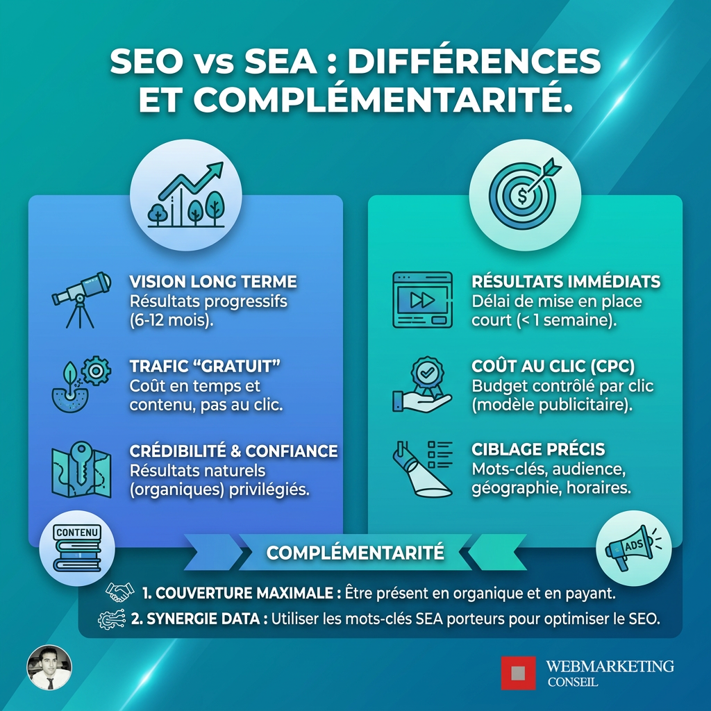Infographie comparant le SEO (référencement naturel) et le SEA (référencement payant), soulignant leurs avantages respectifs et leur complémentarité.