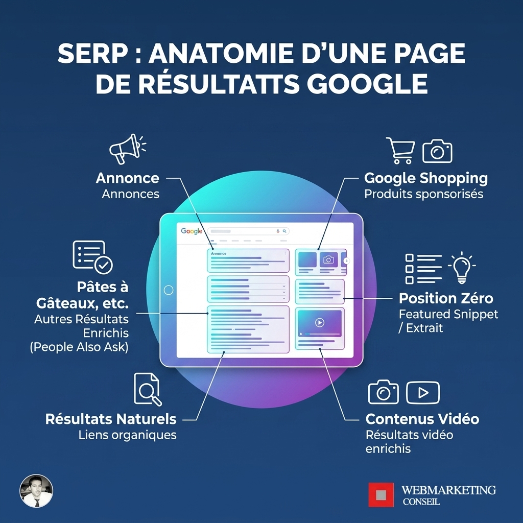 Infographie structure SERP Google résultats organiques