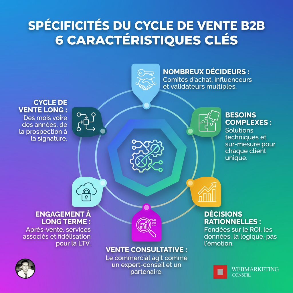 Infographie illustrant les particularités du cycle de vente B2B : multiplicité des décideurs, montants d'investissement élevés, enjeux stratégiques, personnalisation des solutions.
