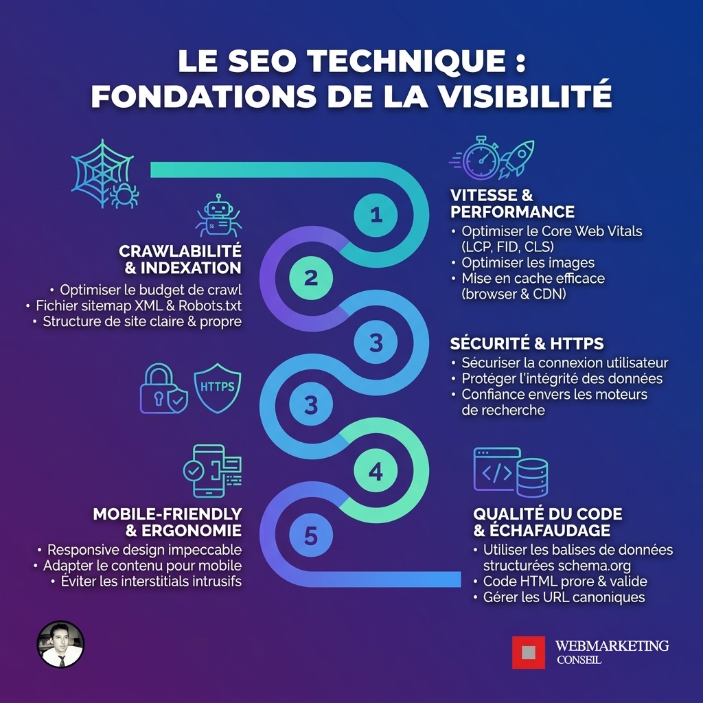 Infographie illustrant les éléments clés du SEO technique : optimisation des performances (vitesse de chargement), structure du site et arborescence.