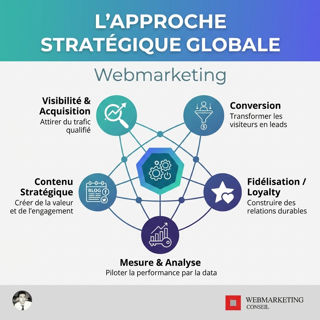 Infographie illustrant la synergie, la visibilité maximale et l'optimisation continue dans une stratégie de webmarketing intégrant SEO et SEA.
