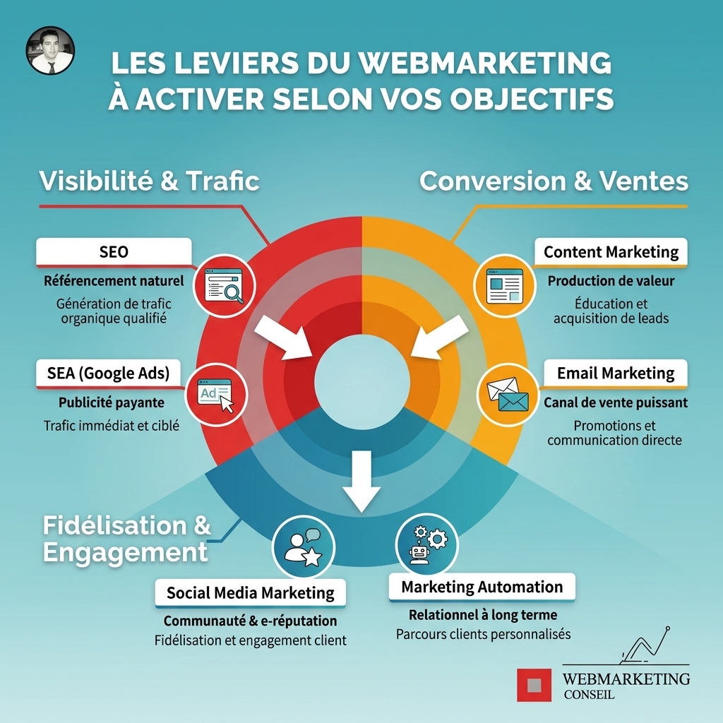 Carte des leviers webmarketing SEO SEA social media