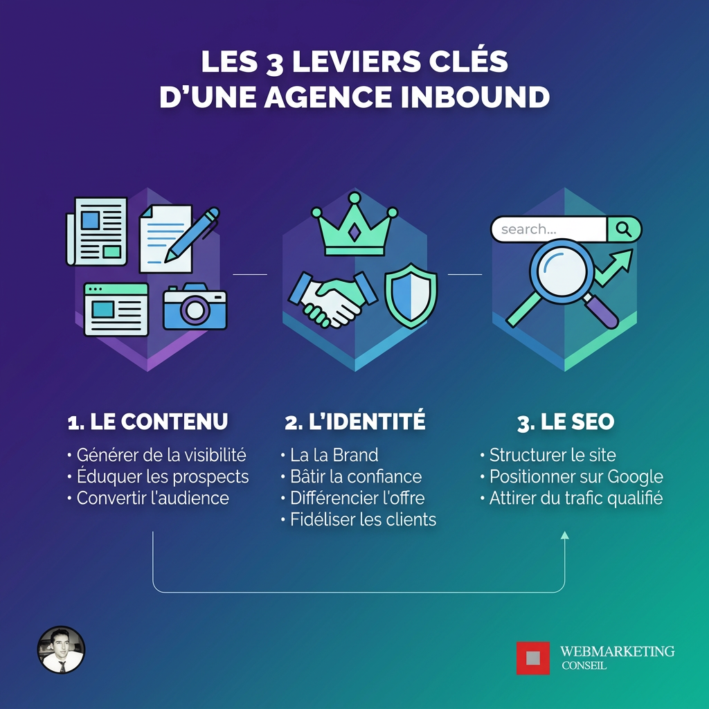Infographie trois leviers agence inbound