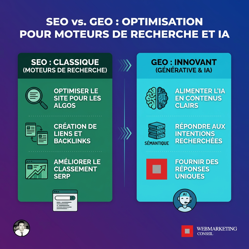 Infographie expliquant la différence entre SEO (Search Engine Optimization) et GEO (Generative Engine Optimization) avec leurs plateformes cibles respectives.