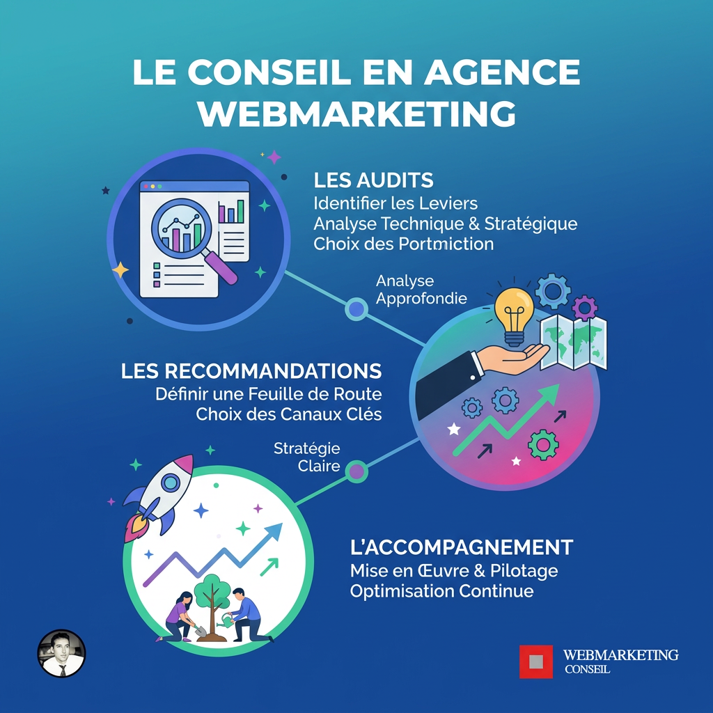 Infographie expliquant la valeur ajoutée du 'conseil' d'une agence webmarketing