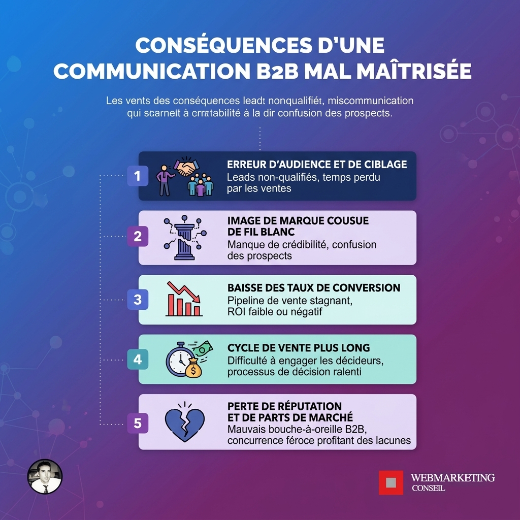 Infographie illustrant les impacts négatifs d'une communication B2B inefficace sur les ventes et la crédibilité.