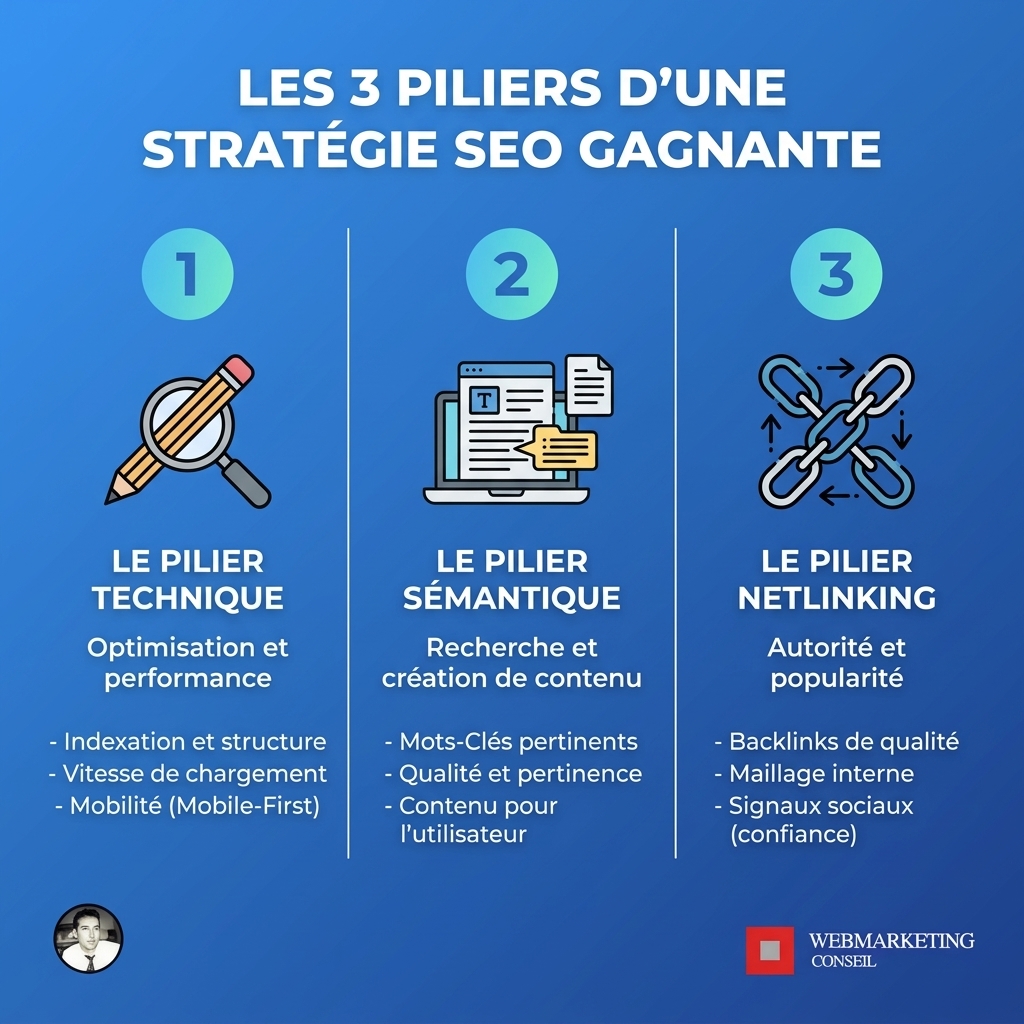 Infographie montrant trois colonnes représentant les piliers du SEO : SEO technique, SEO de contenu, et Netlinking (SEO off-site).