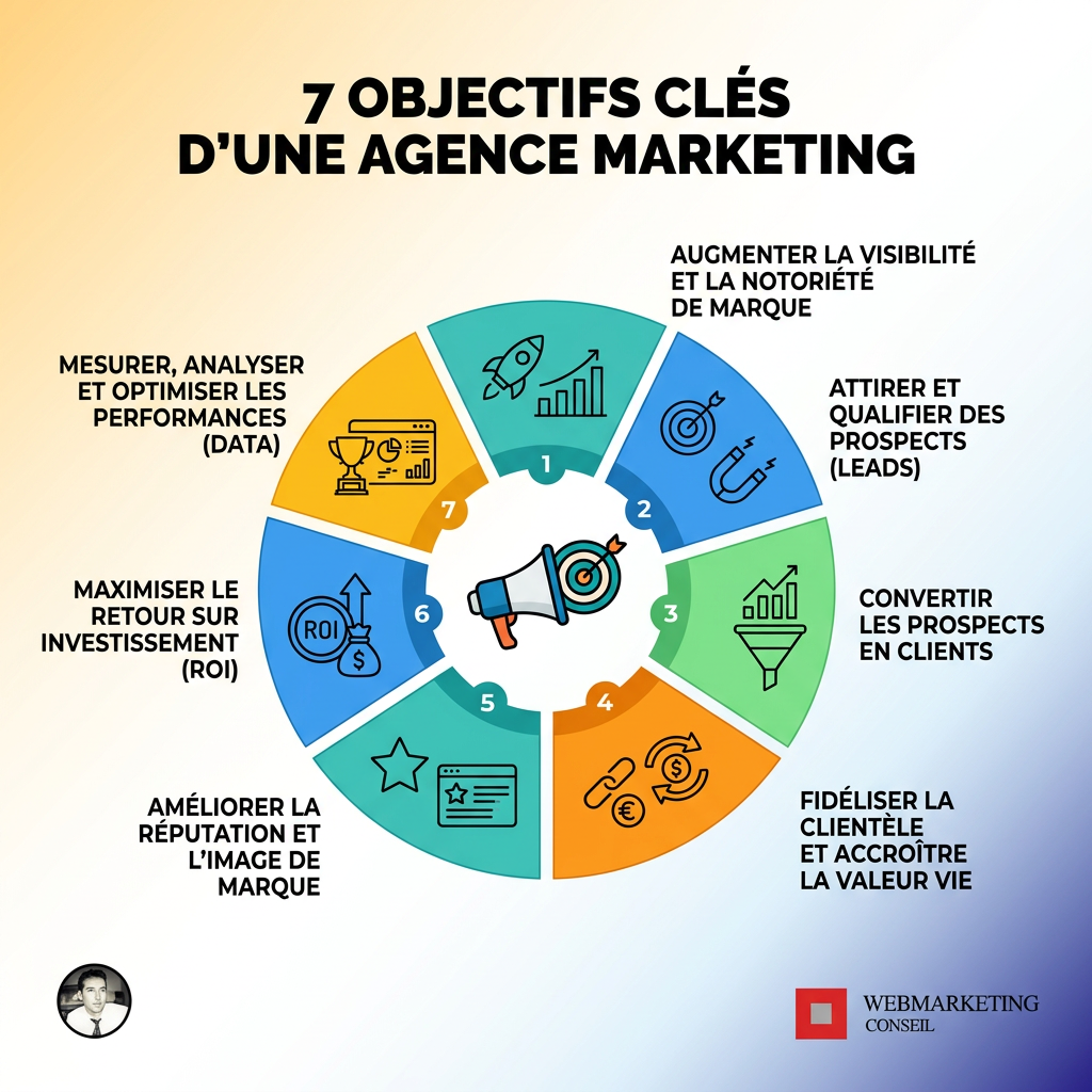 Infographie: Les objectifs principaux d'une agence marketing (visibilité, croissance, ROI, rentabilité, acquisition, marque)