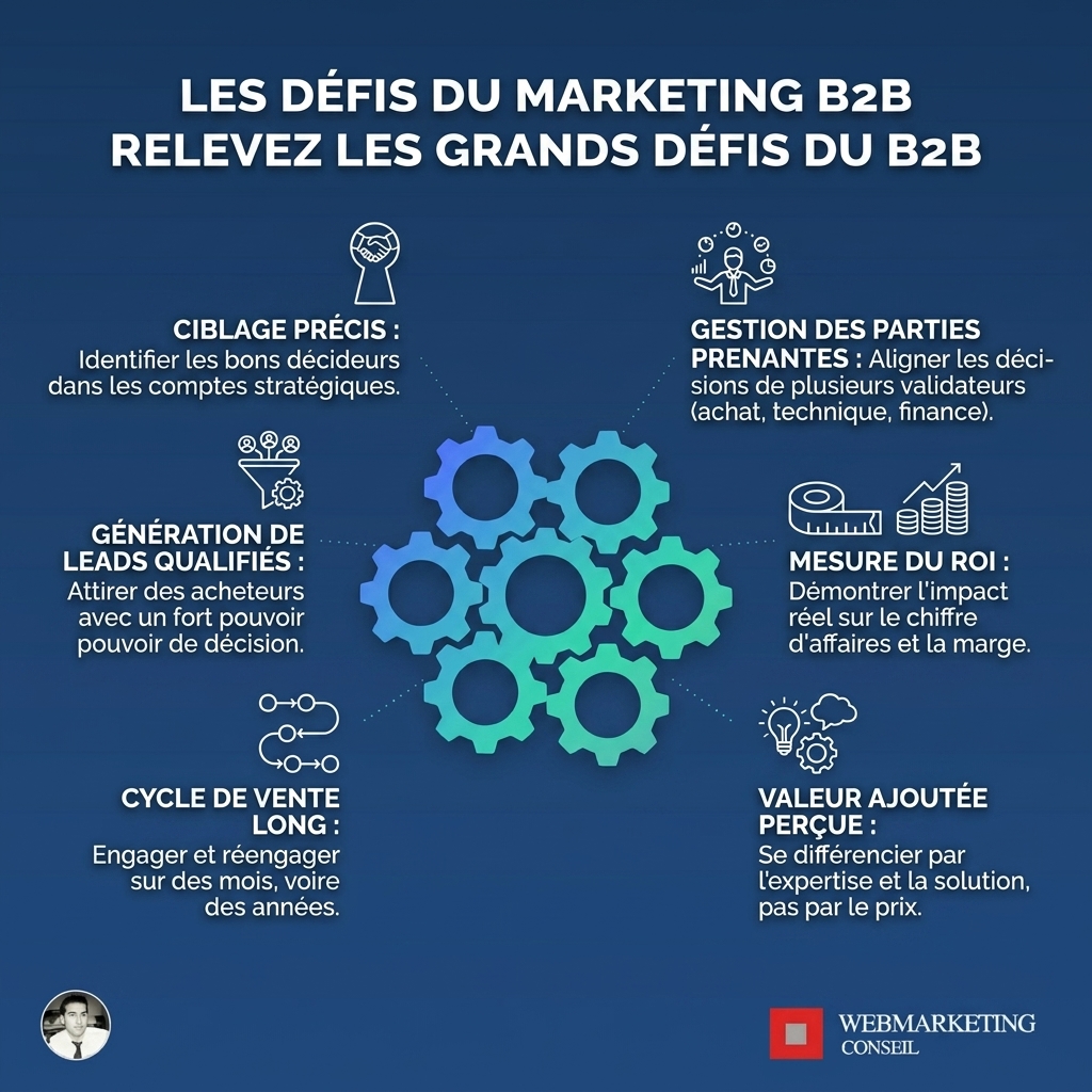 Infographie listant les défis majeurs du marketing B2B : complexité des cycles de vente, multiplicité des parties prenantes, personnalisation nécessaire, difficulté à mesurer le ROI.