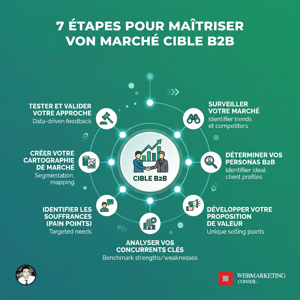 Infographie décrivant les étapes pour maîtriser le marché cible B2B : identification et segmentation, compréhension des besoins et défis, définition de l'ICP et des personas.