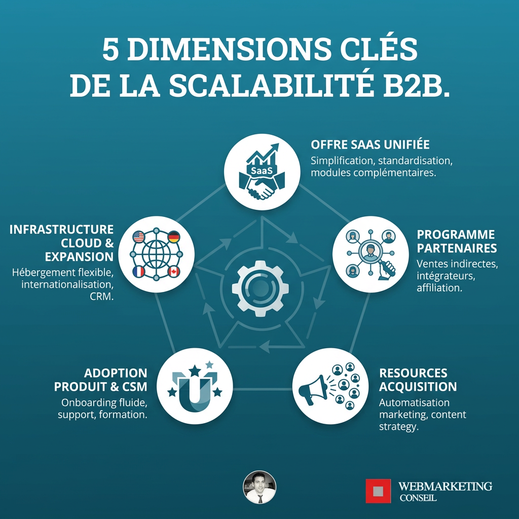 Infographie listant les 5 dimensions clés de la scalabilité B2B : gestion des catalogues, tarification, processus d'achat, workflows d'approbation, intégrations techniques.