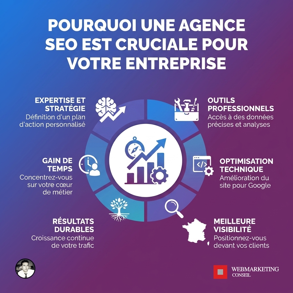 Infographie listant les raisons clés pour faire appel à une agence SEO : expertise spécialisée, gain de temps, approche globale, veille technologique, accès aux outils professionnels, mesure de la performance.