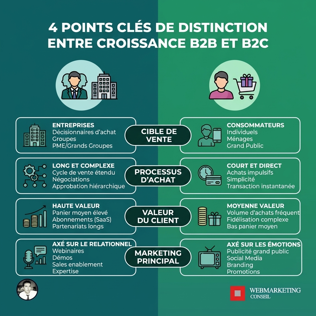 Infographie comparant la croissance B2B et B2C sur des critères comme les cycles de vente, la complexité du processus d'achat, l'importance de la preuve et de la confiance, et la nature de la relation client.