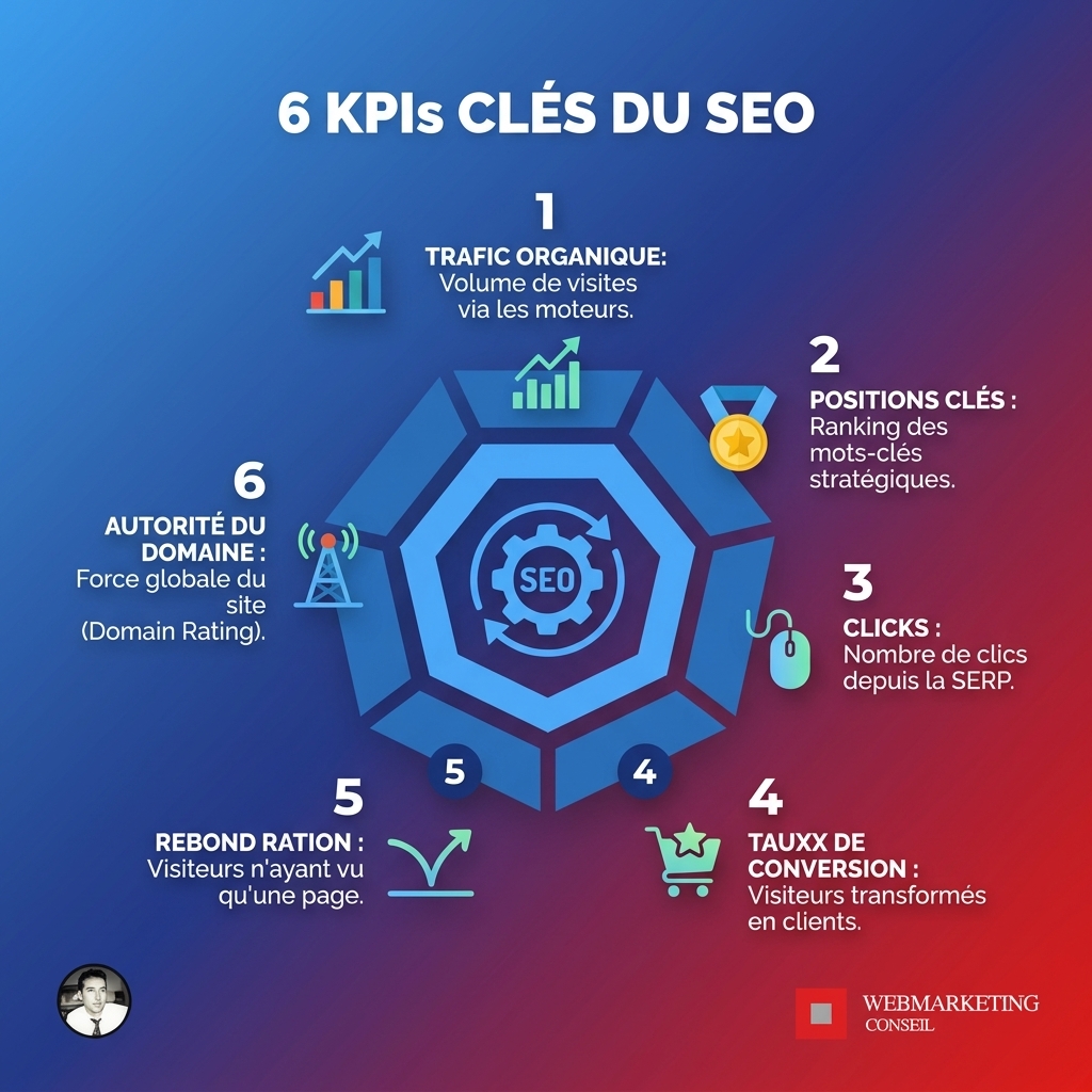 Infographie listant les indicateurs clés de performance (KPIs) utilisés par une agence SEO : classement des mots-clés, volume de trafic organique, taux de conversion, chiffre d'affaires généré.