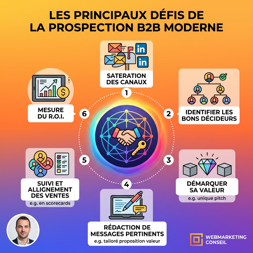 Infographie illustrant les défis majeurs de la prospection B2B: marché saturé, attente de personnalisation, évolution des acheteurs, saturation des canaux.