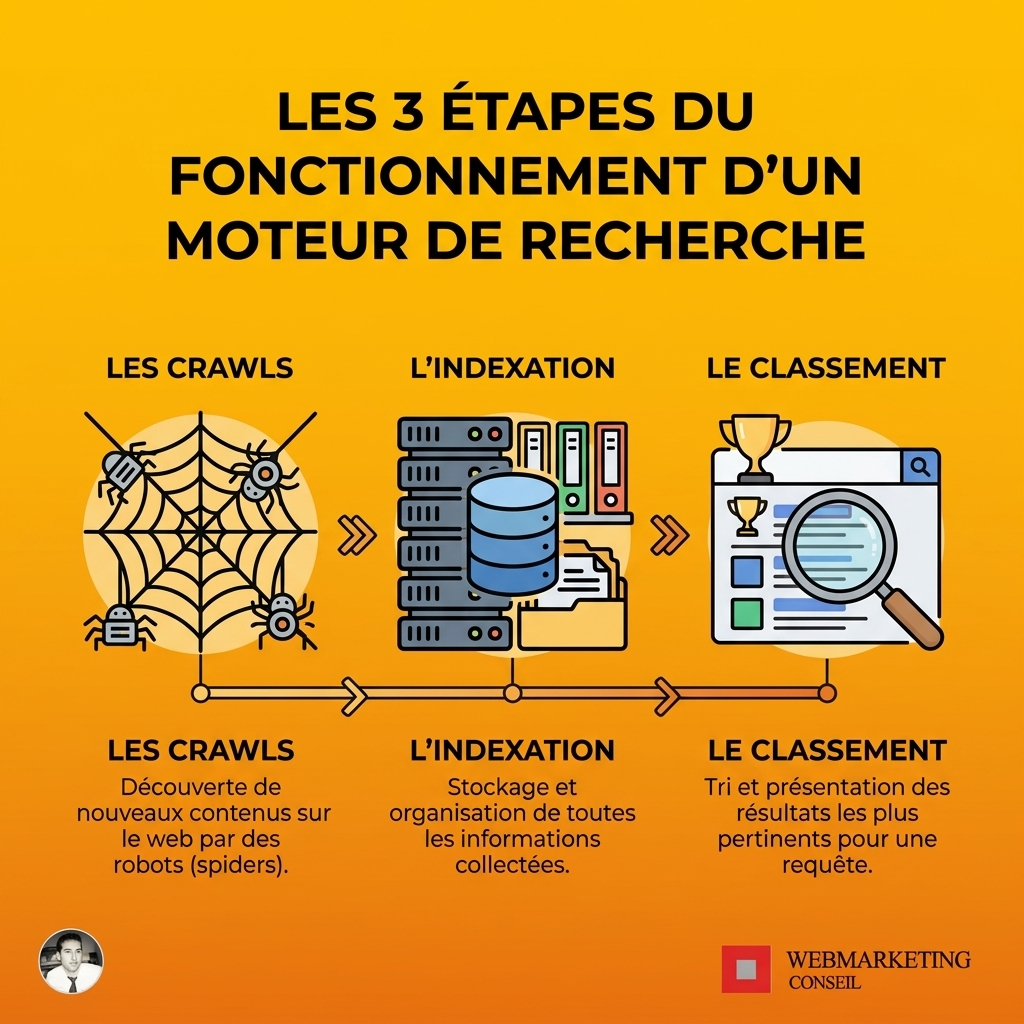 Schéma des 3 étapes SEO : crawl, indexation, ranking