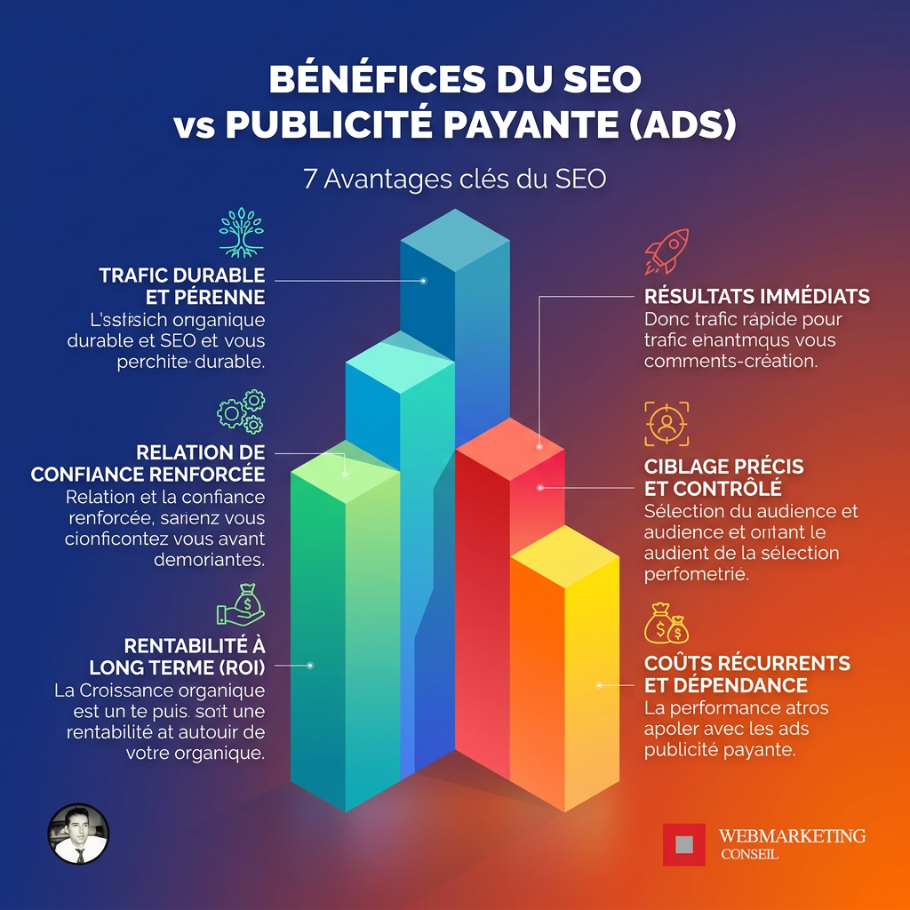 Infographie comparant les avantages du SEO (résultats durables, ROI à long terme) face à la publicité payante (résultats immédiats mais éphémères).