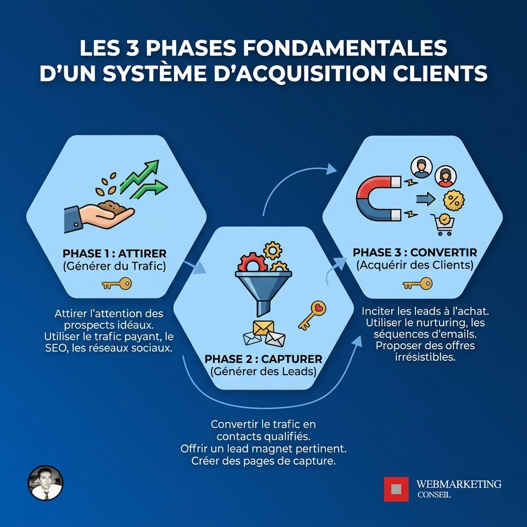Infographie montrant les phases Attirer, Engager/Nurturer, Convertir