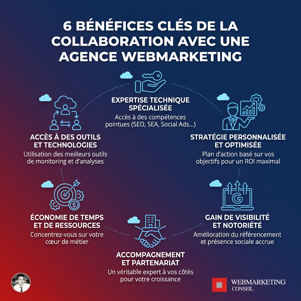 Infographie listant les avantages de travailler avec une agence conseil webmarketing