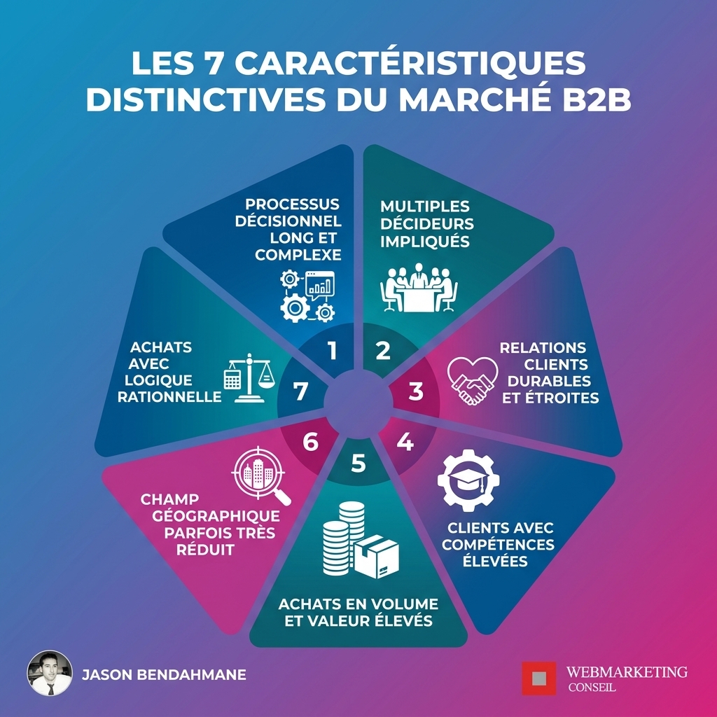 Infographie listant les 7 caractéristiques distinctives du marché B2B avec des icônes pour chaque point.